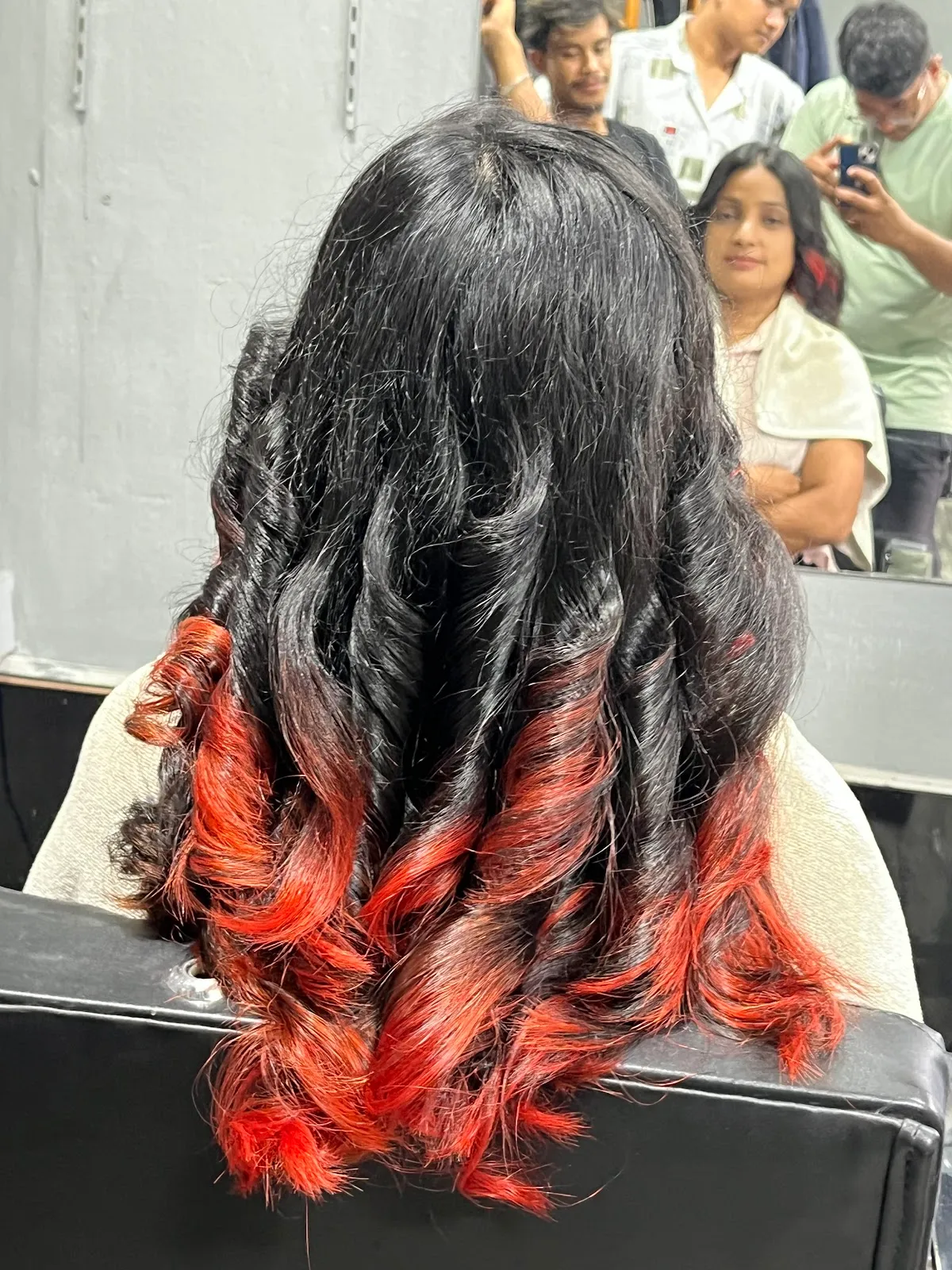 Black-to-red ombré colour result, finished at Man vs Hair