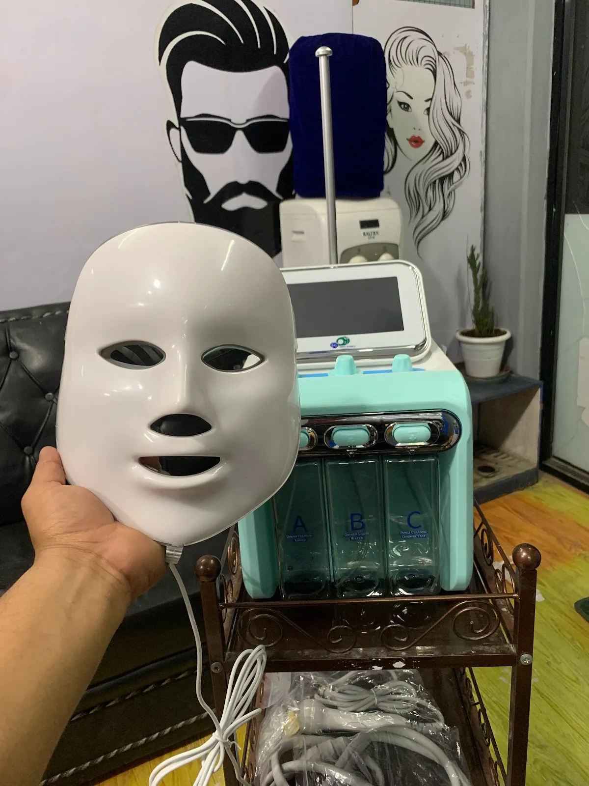 LED face-mask and hydra-facial equipment at Man vs Hair